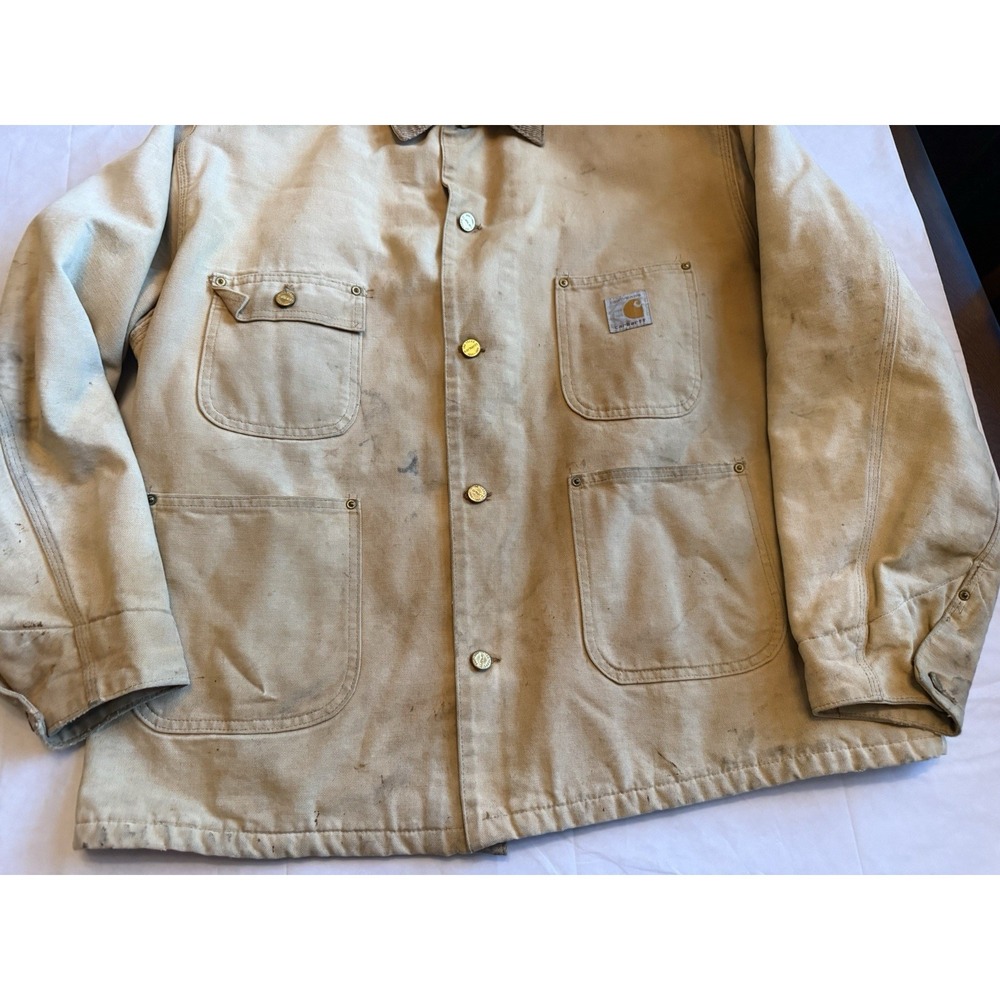 Vintage Carhartt USA Chore Coat Blanket Lined Tan Duck Work Jacket 100 Years Vtg - Picture 4 of 16